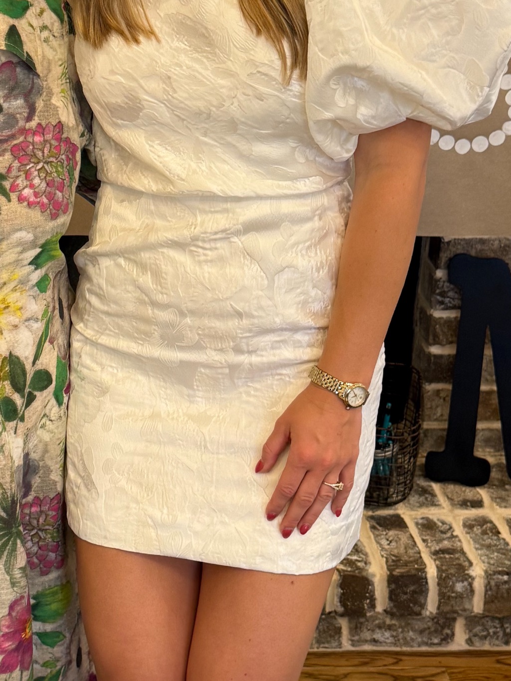 Jenny Yoo Cream Floral Jacquard Puff-Sleeve Mini Dress